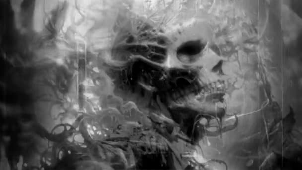 siyah ve beyaz animasyon - esrarengiz soyut sanat bir kafatası tasvir ediyor, hayalperest, psikedelik bir titreşim ile ürkütücü yüzler. - Video, Çekim