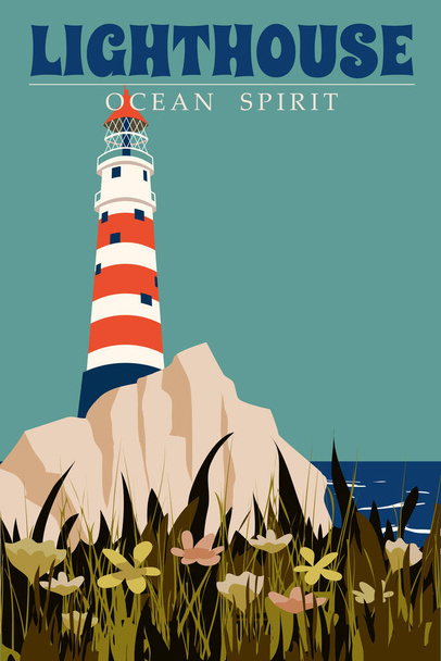 Винтажная башня маяка плаката, маяк на берегу моря. Сигнальное сооружение на скале, морской пейзаж. Векторный плоский мультфильм - Вектор,изображение