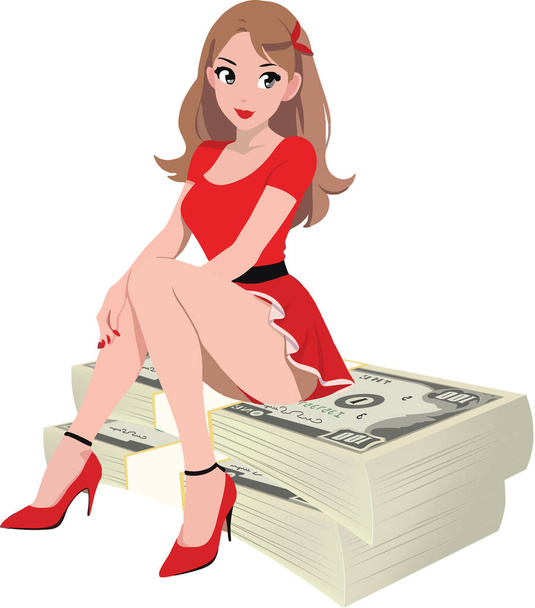 Ilustração vetorial de uma jovem na moda em um vestido vermelho sentado com confiança em uma pilha de dinheiro - Vetor, Imagem
