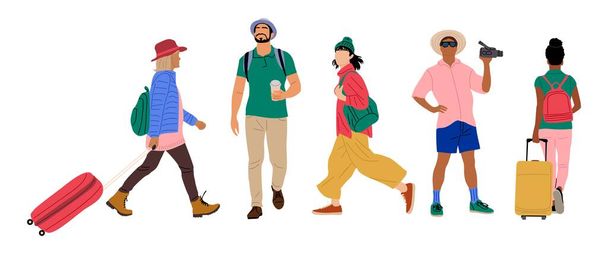 Σύνολο από διαφορετικούς τουριστικούς χαρακτήρες, άνδρες και γυναίκες με βαλίτσες και τσάντες, κάμερα, φλιτζάνι καφέ με τα πόδια πλευρά, μπροστά, πίσω, πίσω άποψη. Concept για ταξίδια και διακοπές. Γελοιογραφία Άνθρωποι Εικονογράφηση διάνυσμα - Διάνυσμα, εικόνα