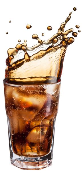 Cola glass with ice cubes and drink splash. - Zdjęcie, obraz