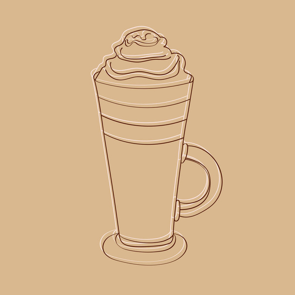 Illustrazione disegnata a mano di una tazza di caffè su sfondo marrone. Lo schizzo presenta dettagli intricati e ombreggiature, creando un aspetto realistico della coppa - Vettoriali, immagini