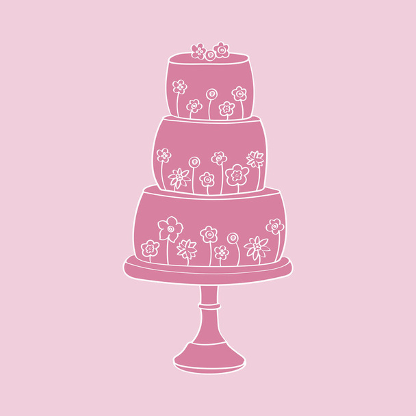 Trójpoziomowy tort ozdobiony kolorowymi kwiatami na każdym poziomie. Ciasto jest starannie ręcznie malowane skomplikowanymi wzorami, tworząc wspaniały i elegancki centralny element każdej uroczystości - Wektor, obraz