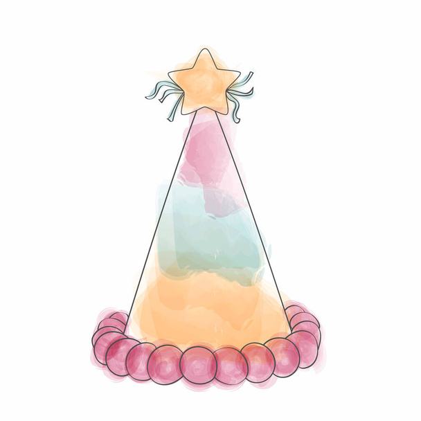 Üstünde bir yıldızın olduğu el yapımı suluboya bir doğum günü şapkası. Şapka canlı ve renkli, özel kutlamalar için mükemmel. - Vektör, Görsel