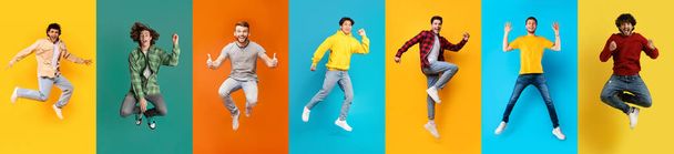 Set of positive multiethnic men jumping over colorful studio backgrounds, in motion shot of happy multicultural males having fun and expressing positive emotions, panorama, collage - Photo, Image
