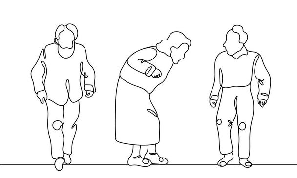 Három idős ember Parkinson-kórban szenved. Görbe testtartás és rossz koordináció idősebb férfiaknál és nőknél. Parkinson világnap. Vektorillusztráció. - Vektor, kép