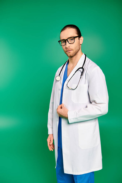 Een knappe dokter in een witte jas en een blauwe broek staat vol vertrouwen op een groene achtergrond. - Foto, afbeelding