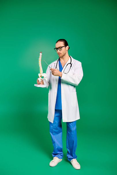 Um belo médico masculino com um casaco branco e calças azuis posando em um cenário verde com modelo de esqueleto. - Foto, Imagem