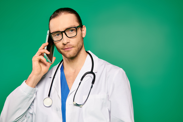 ホワイトラボコートのハンサムな男性医師は,携帯電話で会話を持っています. - 写真・画像