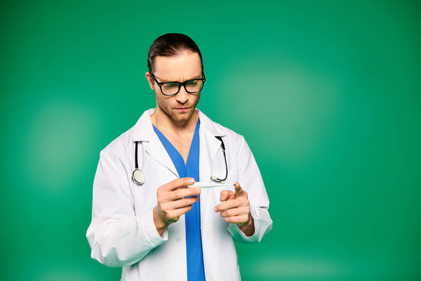 Ένας άνδρας γιατρός με λευκό παλτό και γυαλιά εξετάζει το θερμόμετρο εντατικά. - Φωτογραφία, εικόνα
