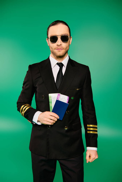 Гарний пілот у костюмі та сонцезахисних окулярах, що тримає паспорт та квиток. - Фото, зображення
