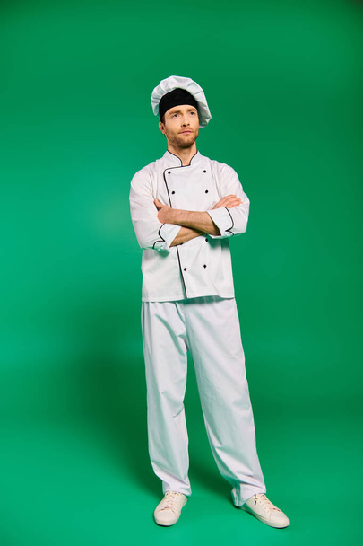 Bello chef in uniforme bianca con le braccia incrociate davanti a sfondo verde. - Foto, immagini