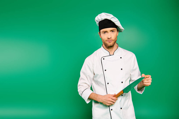 Όμορφος σεφ με λευκή στολή κρατώντας μαχαίρι σε πράσινο φόντο. - Φωτογραφία, εικόνα