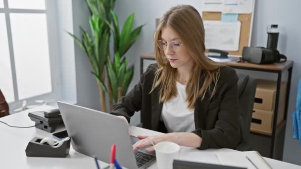 Professzionális nő dolgozik laptop modern irodában, kávé és koncentrált viselkedés. - Felvétel, videó