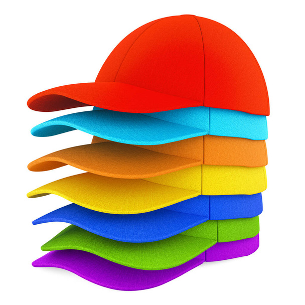 Een stapel gekleurde baseballcaps. 3D rendering geïsoleerd op de witte achtergrond - Foto, afbeelding