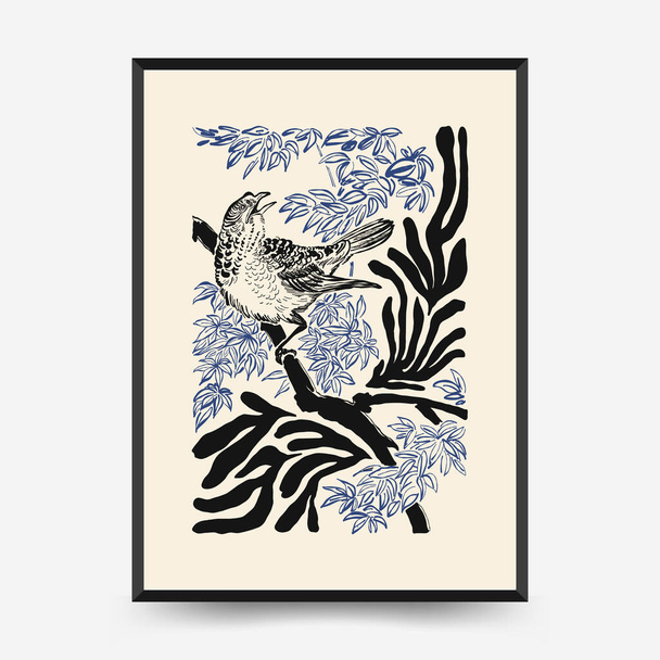 Japon posterleri şablon şeklinde. Modern Japon moda siyah tarzı. Klasik çiçekler. Mürekkep duvarı sanatı. - Vektör, Görsel
