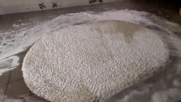 Lave o tapete em uma lavandaria ou lavandaria usando espuma e água. Conceito profissional de lavagem de carpetes - Filmagem, Vídeo