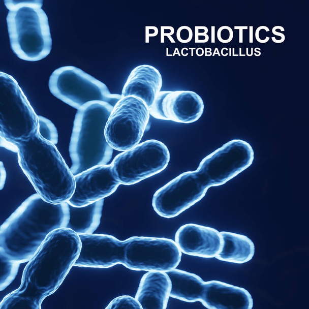Probiotikumok Lactobacillus acidophilus. Emberi mikrobiológiai háttér. 3d-renderelés - Fotó, kép