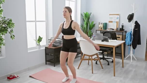 Uma jovem realiza um alongamento em um escritório moderno, praticando fitness durante uma pausa para o trabalho. - Filmagem, Vídeo