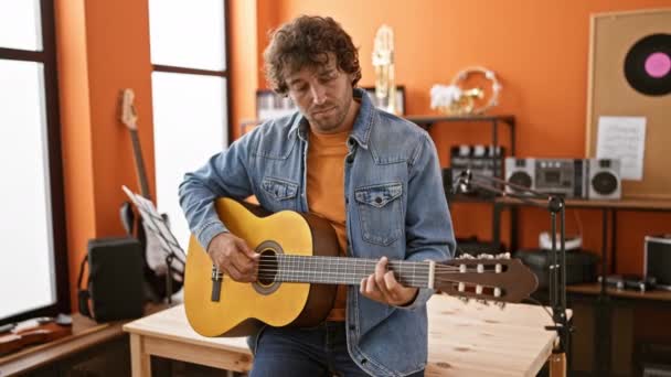Ένας νεαρός Ισπανός παίζει απαλά μια ακουστική κιθάρα σε ένα άνετο στούντιο μουσικής με έντονους πορτοκαλί τοίχους.. - Πλάνα, βίντεο