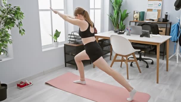 Jovem mulher adulta praticando ioga em um escritório moderno, equilibrando em um tapete rosa em uma pose de guerreiro, promovendo o bem-estar no trabalho. - Filmagem, Vídeo