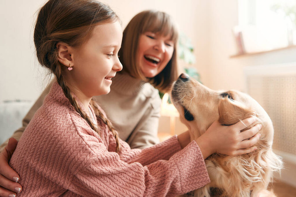Grootmoeder met leuke kleindochter spelen en plezier hebben met hond in gezellige woonkamer, het hebben van een leuke tijd samen. - Foto, afbeelding