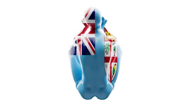 Eine rätselhafte Figur, die eine Verschmelzung von Elementen der Flagge Großbritanniens und Fidschis vor schwarzem Hintergrund zeigt. - Foto, Bild