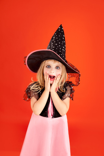 Halloween kid girl costume on orange - Fotó, kép