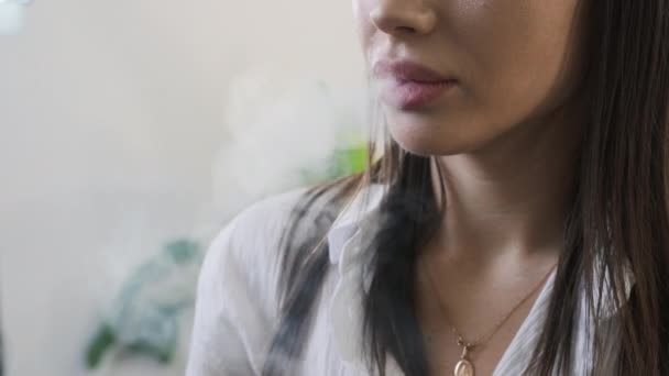 Mujer joven libera humo de cigarrillo grueso de la boca. Momento de tranquila soledad para la joven que se detiene para descansar de la actividad laboral - Metraje, vídeo