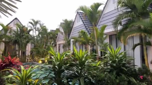 Palmen wiegen sich in der Nähe einer modernen Wohnanlage. Hochwertiges 4k Filmmaterial - Filmmaterial, Video