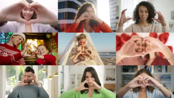 Collage of people showing heart shape to camera. Portraits of happy sincere women, men, family couple with kids, father with son, mother with daughter making heart with fingers, showing love symbol 4K - Footage, Video