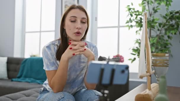 Mladá běloška s brunetkou vlasy sedí v interiéru nahrávání videa ve svém útulném bytě. - Záběry, video
