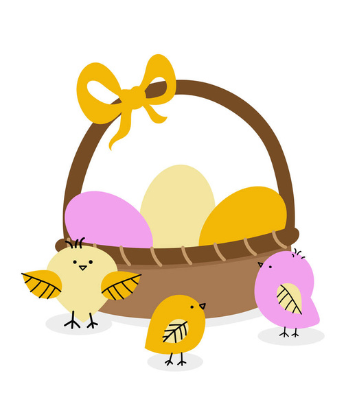 Buona Pasqua. Bellissimo cesto con uova colorate, simpatici polli. Cesto pasquale tradizionale. Illustrazione vettoriale per cartolina - Vettoriali, immagini