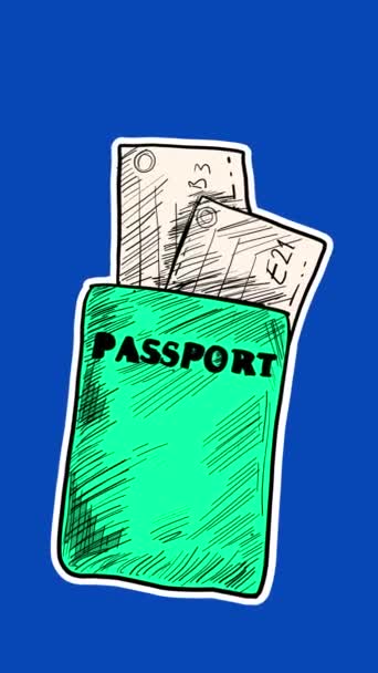 Κινούμενα Χέρι Σχεδιασμένο Διαβατήριο και Εισιτήρια Απομονωμένα σε φόντο μπλε οθόνης - Πλάνα, βίντεο