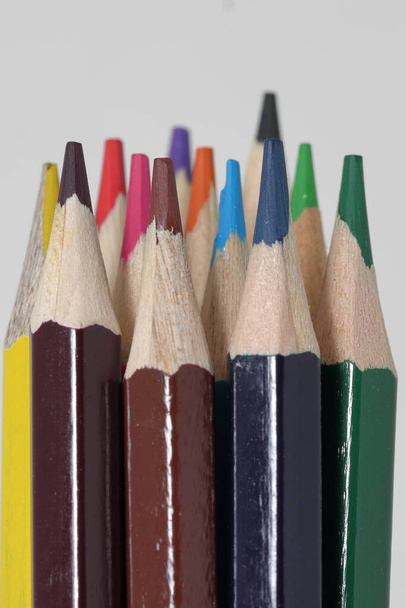 Barevné tužky stojí na bílém pozadí. zblízka barevných tužek - Fotografie, Obrázek