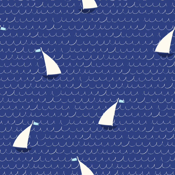 Бесшовный рисунок с нарисованными вручную парусными лодками и волнами на белом фоне для дизайна поверхности и других дизайнерских проектов. Концепция парусного спорта и рыбалки - Вектор,изображение