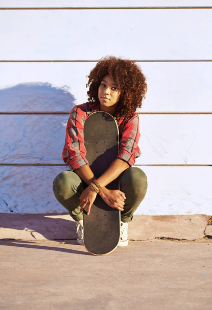 Skateboard, fashion and portrait of black woman for competition, hobby and exercise in skatepark. Skater, smile and face of female person for trendy, edgy and hipster clothing in San Francisco. - Foto, immagini