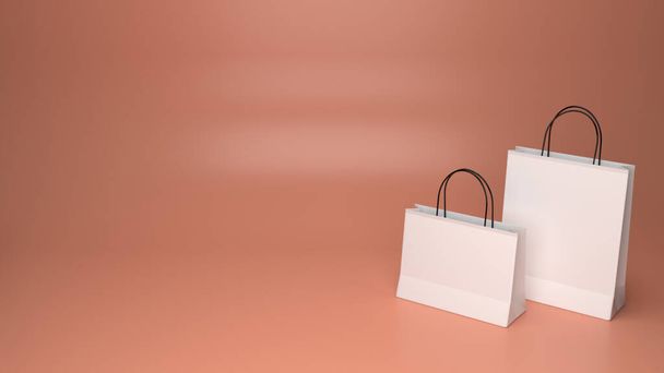 Weiße Einkaufstasche 3D-Render-Attrappe für Ihre Marke auf dem pfirsichfarbenen Hintergrund. - Foto, Bild
