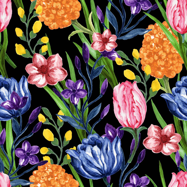 Jarní Zahrada odrůda květiny zeleň botanické ručně kreslené bezešvé vzor. Návrh ilustrace akvarelů. Chalupa krajina estetický květinový tisk pro tkaniny, výstřižek, balení, karetní výroba - Fotografie, Obrázek