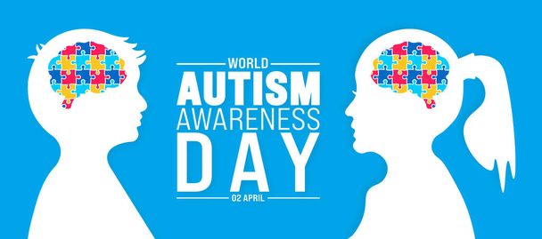 2 April world Autism awareness day boy and girl child head with colorful puzzle brain banner design template. vector illustration. - Vector, Image