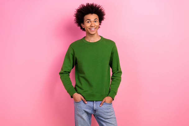 Photo of happy positive guy hands pockets look in camera isolated pastel color background. - Photo, Image