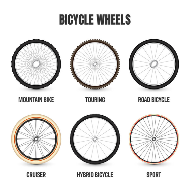 Realistic 3d bicycle wheels. Bike rubber tyres, shiny metal spokes and rims. Fitness cycle, touring, sport, road and mountain bike. Vector illustration. - Vector, Image