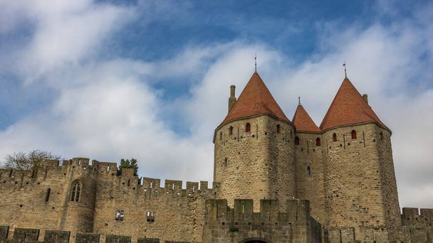 Castle of Carcassonne in France. Impressive medieval fortress - 写真・画像