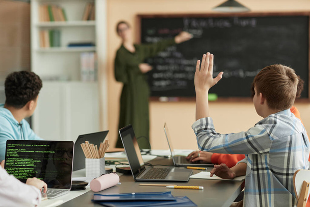 Вид сзади на мальчика-подростка, поднимающего руку, отвечающего на вопрос в классе в школе, пространство для копирования - Фото, изображение