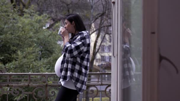 Cena pacífica de uma mulher grávida bebendo chá em pé pela varanda do apartamento olhando para a vista em contemplação, gravidez no terceiro trimestre esperando bebê recém-nascido - Filmagem, Vídeo