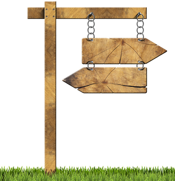 Sinal direcional de madeira - Duas setas com corrente
 - Foto, Imagem