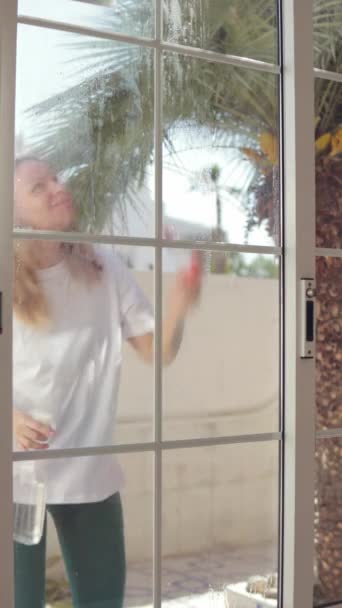 portret van vrouw schoonmaken venster met doek en spray - Video