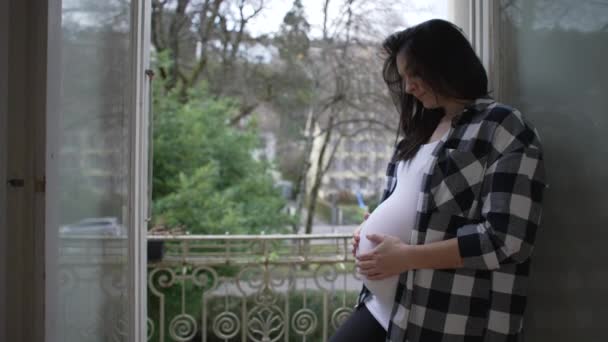 Intimní Close-Up of Expectant Mother Láskyplně laskající břicho, čeká novorozence - klidné 8-měsíční těhotenství vedle apartmánu okno s výhledem na balkon - Záběry, video