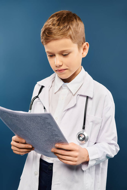 Preadolescent boy in white coat and stethoscope. - Photo, Image
