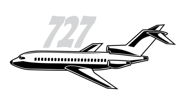 Boeing 727. Stylizowany rysunek klasycznego samolotu pasażerskiego. Izolowany obraz do druków, plakatów i ilustracji. - Wektor, obraz